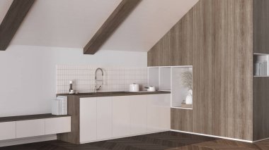 Tavan arası iç tasarımı, koyu ahşap tavanı ve beyaz tonlu meşe parke zemini olan minimal mutfak. Dolaplar ve aletler. Japandi İskandinav tarzı