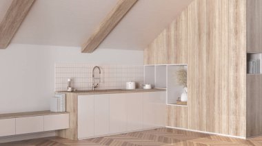 Tavan arası tasarımı, bembeyaz ahşap tavanı ve meşe parke döşemesi beyaz tonlarda asgari mutfak. Dolaplar ve aletler. Japandi İskandinav tarzı