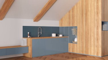 Tavan arası iç tasarımı, eğimli ahşap tavanlı minimum mutfak ve beyaz ve mavi tonlu meşe parke zemin. Dolaplar ve aletler. Japandi İskandinav tarzı