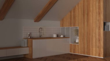 Karanlık gece manzarası, tavan arası tasarımı, eğimli ahşap tavanı ve meşe parke zemini olan minimum mutfak. Dolaplar ve aletler. Japandi İskandinav tarzı