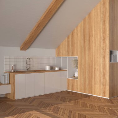 Beyaz tonlarda en az ahşap mutfak. Dolaplar ve aksesuarlar, eğimli tavan ve ringa kemiği parke zemini. Japandi iç tasarımı
