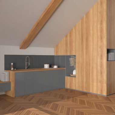 Asgari ahşap mutfak, gri ve beyaz tonlarda. Dolaplar ve aksesuarlar, eğimli tavan ve ringa kemiği parke zemini. Japandi iç tasarımı