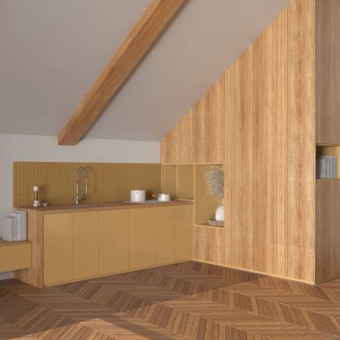 Sarı ve beyaz tonlarda en az ahşap mutfak. Dolaplar ve aksesuarlar, eğimli tavan ve ringa kemiği parke zemini. Japandi iç tasarımı