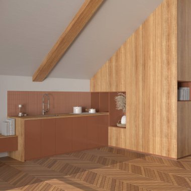 Minimum ahşap mutfak, turuncu ve beyaz tonlarda. Dolaplar ve aksesuarlar, eğimli tavan ve ringa kemiği parke zemini. Japandi iç tasarımı