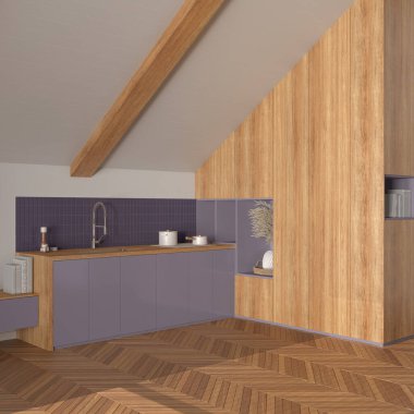 Mor ve beyaz tonlarda en az ahşap mutfak. Dolaplar ve aksesuarlar, eğimli tavan ve ringa kemiği parke zemini. Japandi iç tasarımı