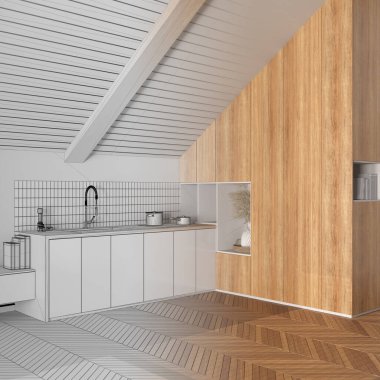 Mimar iç mimar konsepti: elle çizilmiş tamamlanmamış proje gerçek, minimal mutfak haline geliyor. Dolaplar, aksesuarlar, eğimli tavan ve parke. Japon stili.