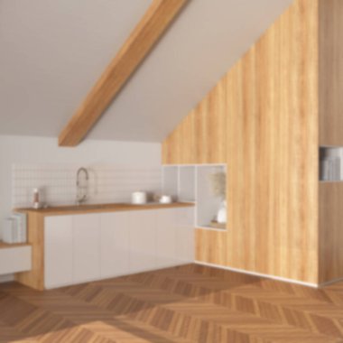 Arka plan bulanık, mutfak çok az ahşap. Dolaplar ve aksesuarlar, eğimli tavan ve ringa kemiği parke zemini. Japandi iç tasarımı