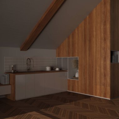 Karanlık gece sahnesi, asgari ahşap mutfak. Dolaplar ve aksesuarlar, eğimli tavan ve ringa kemiği parke zemini. Japandi iç tasarımı