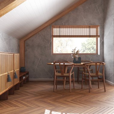 Minimum ahşap yemek odası, eğimli tavan ve ringa kemiği parke beyaz ve gri tonlarda. Klasik masa ve sandalyeler. Japandi tarzı, tavan arası iç tasarımı.