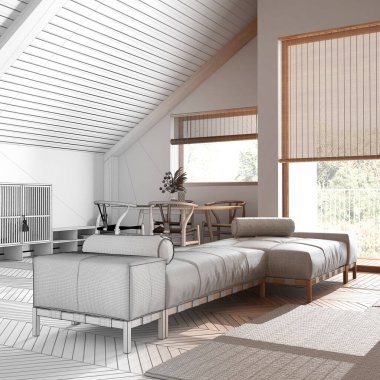 Mimari iç mimar konsepti: elle çizilmiş tamamlanmamış proje, japandi oturma odası ve eğimli tavanlı yemek odası. Asgari İskandinav tarzı