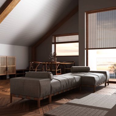 Karanlık gece sahnesi, Japonya ahşap oturma odası ve eğimli tavanı ve parkesi olan yemek odası. Masa ve sandalyeler. Asgari İskandinav tarzı, tavan arası iç tasarımı