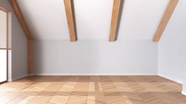 Boş oda iç tasarımı, parke zeminli açık alan, ahşap eğimli tavan, beyaz duvarlar, modern japandi mimari fikri.