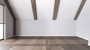 Boş oda iç tasarımı, parke zeminli açık alan, koyu ahşap tavan, beyaz duvarlar, modern japandi mimari fikri.