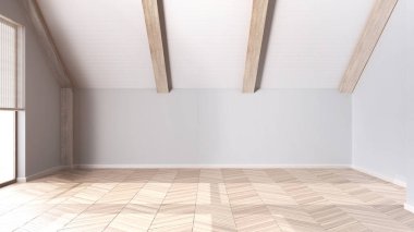 Boş oda iç tasarımı, parke zeminli açık alan, ağarmış ahşap tavan, beyaz duvarlar, modern Japon mimarisi fikri.