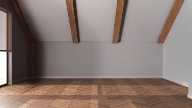 Karanlık akşam sahnesi, boş oda iç tasarımı, parke döşemeli açık alan, ahşap eğimli tavan, modern japandi mimari fikri