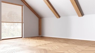Boş oda iç tasarımı, parke zeminli açık alan, ahşap eğimli tavan ve panoramik pencereler, beyaz duvarlar, modern japandi mimari fikri