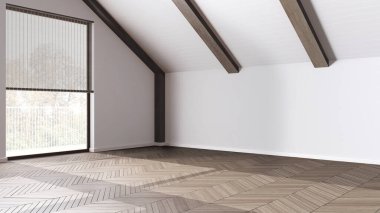 Boş oda iç tasarımı, parke zeminli açık alan, koyu ahşap eğimli tavan ve panoramik pencereler, beyaz duvarlar, modern japandi mimari fikri