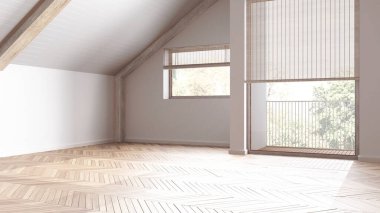 Boş oda iç tasarımı, parke zeminli açık alan, ağarmış ahşap tavan ve panoramik pencereler, beyaz duvarlar, modern japandi mimari fikri.