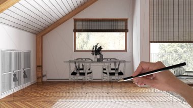 Ahşap parke zemin, el çizimi, özel mimari tasarım, siyah mürekkep çizimi, japandi 'nin yemek odasını gösteren plan.