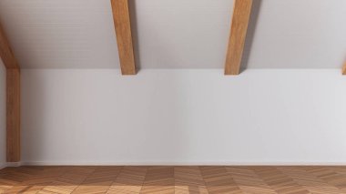 Boş oda iç tasarımı, parke zeminli açık alan, ahşap eğimli tavan, beyaz duvarlar, modern japandi mimari fikri.