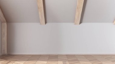 Boş oda iç tasarımı, parke zeminli açık alan, ağarmış ahşap tavan, beyaz duvarlar, modern Japon mimarisi fikri.