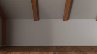 Karanlık akşam sahnesi, boş oda iç tasarımı, parke döşemeli açık alan, ahşap eğimli tavan, modern japandi mimari fikri