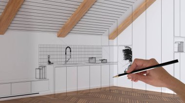 Ahşap parke zemin, el çizimi özel mimari tasarım, siyah mürekkep çizimi, Japonya 'nın en küçük mutfağını gösteren plan.