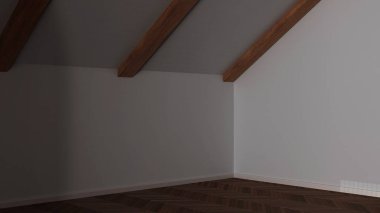 Karanlık akşam sahnesi, boş oda iç tasarımı, parke döşemeli açık alan, ahşap eğimli tavan, modern japandi mimari fikri