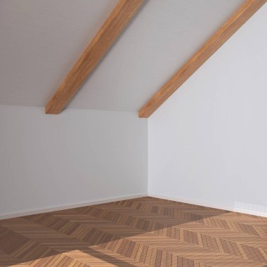 Boş oda iç tasarımı, parke zeminli açık alan, ahşap eğimli tavan, beyaz duvarlar, modern japandi mimari fikri.