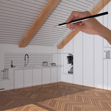 Ahşap parke zemin, el çizimi özel mimari tasarım, siyah mürekkep çizimi, Japonya 'nın en küçük mutfağını gösteren plan.