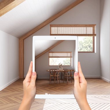 Gelişmiş gerçeklik kavramı. Boş ahşap iç mekânlardaki mobilya ve tasarım ürünlerini taklit etmek için kullanılan AR uygulamalı el bilgisayarı tableti, japandi en az yemek odası.