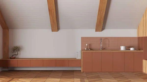 傾斜した天井と白とオレンジのトーンでHerringboneのパケットを持つ最小限の木製キッチン キャビネットや家電製品 日本のスカンディナヴィア様式 屋根裏部屋のインテリアデザイン — ストック写真