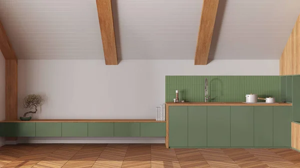 Minimale Holzküche Mit Schräger Decke Und Fischgrätparkett Weiß Und Grüntönen — Stockfoto