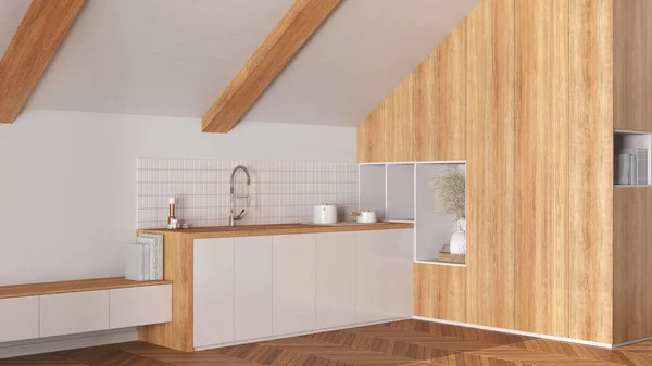 Podkrovní Design Interiéru Minimální Kuchyň Skloněným Dřevěným Stropem Dubovou Parketovou — Stock fotografie