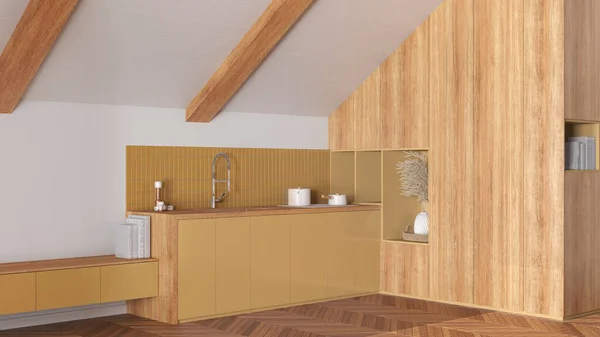 stock image Attic interior design, minimal kitchen with sloping wooden ceiling and oak parquet floor in white and yellow tones. Cabinets and appliances. Japandi scandinavian style