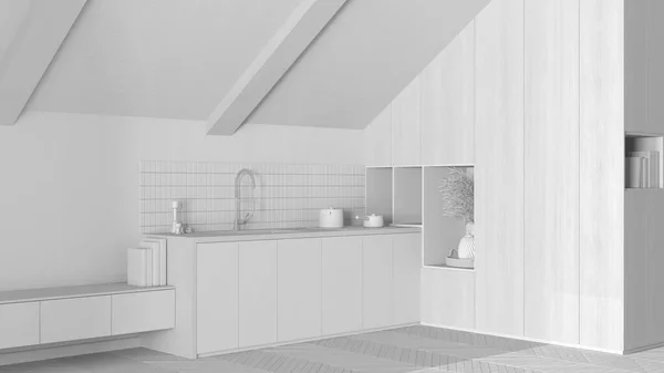 Σύνολο Λευκό Σχέδιο Έργου Σοφίτα Εσωτερική Διακόσμηση Ελάχιστη Κουζίνα Επικλινή — Φωτογραφία Αρχείου