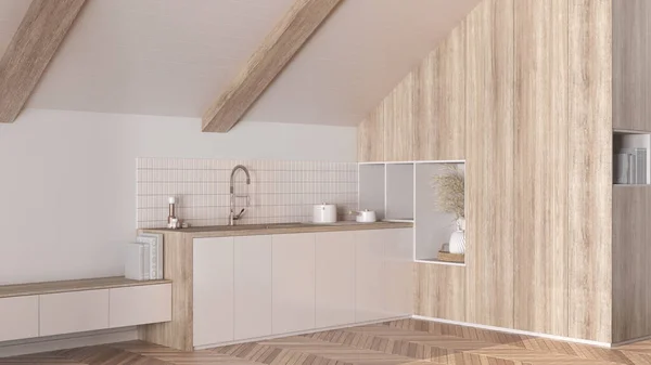Podkrovní Design Interiéru Minimální Kuchyň Vyběleným Dřevěným Stropem Dubovou Parketovou — Stock fotografie