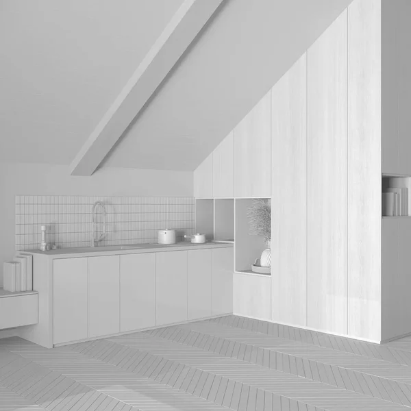 Общий Белый Проект Минимальная Деревянная Кухня Шкафы Аксессуары Наклонный Потолок — стоковое фото