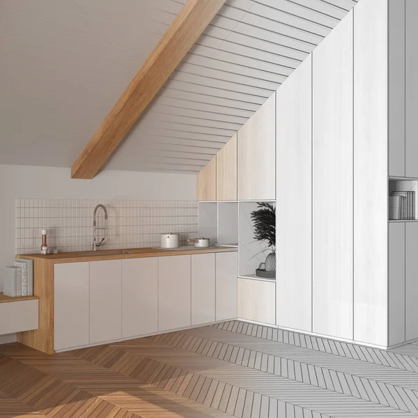 Mimar iç mimar konsepti: elle çizilmiş tamamlanmamış proje gerçek, minimal mutfak haline geliyor. Dolaplar, aksesuarlar, eğimli tavan ve parke. Japon stili.