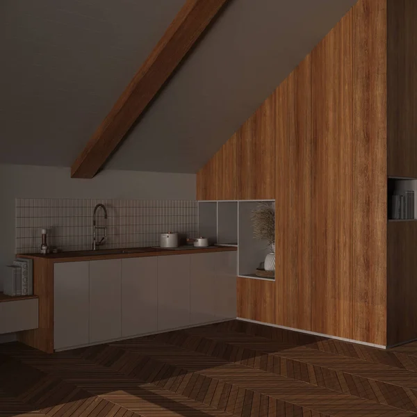 暗い夜遅くのシーンは 最小限の木製のキッチン キャビネットやアクセサリー 傾斜した天井とHerringboneの寄木細工の床 日本インテリアデザイン — ストック写真