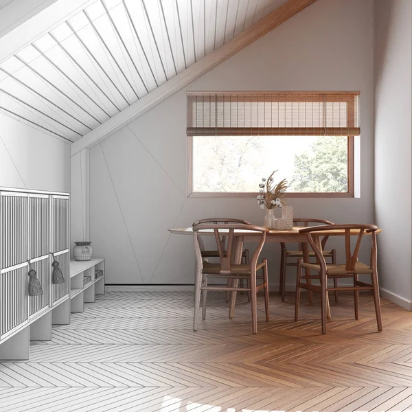 建筑师室内设计理念 手绘草稿未完成的工程 成为真正的 最小的木制餐厅与倾斜的天花板和鲱鱼窝 日本风格 — 图库照片