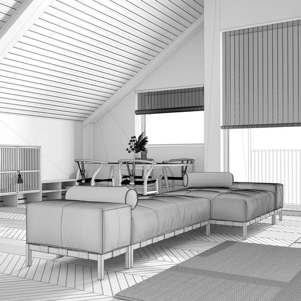 蓝图未完成的项目草稿 日本木制客厅和餐厅与倾斜的天花板和宴会 桌子和椅子最小的丑闻风格 阁楼室内设计 — 图库照片