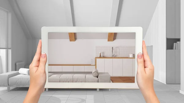 Augmented Reality Konzept Handhalterung Tablet Mit Anwendung Verwendet Möbel Und — Stockfoto