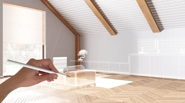 木製の寄木細工の床と空の白いインテリア 手描きのカスタム建築デザイン 白インクのスケッチ ジャパンディ最小限のリビングルームを示す青写真 — ストック写真