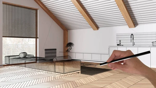 Interior Putih Kosong Dengan Lantai Parket Kayu Desain Arsitektur Gambar — Stok Foto