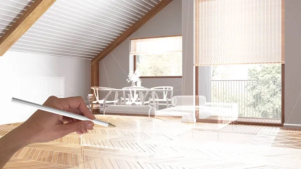 中空的白色内饰 木地板 手绘定制建筑设计 白墨草图 显示日本最小客厅和饭厅的蓝图 — 图库照片