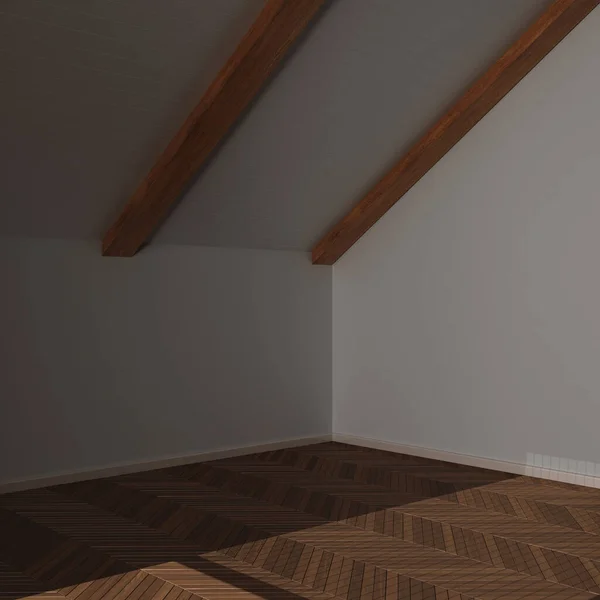 暗い夜のシーン 空の部屋のインテリアデザイン 寄木細工の床とオープンスペース 木製の傾斜天井 現代の日本建築の概念のアイデア — ストック写真