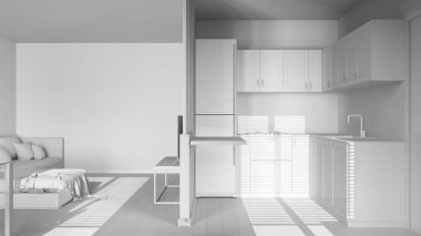 Tamamen beyaz proje taslağı, modern İskandinav mutfağı ve oturma odası. Bölme duvarı, dolaplar ve raf. Parke zemin ve dekorlar. Minimum ahşap iç tasarım