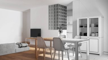 Mimar iç mimar konsepti: elle çizilmiş tamamlanmamış proje gerçek, İskandinav yemek odası ve oturma odası haline geliyor. Sandalyeli ahşap masa, cam duvar.