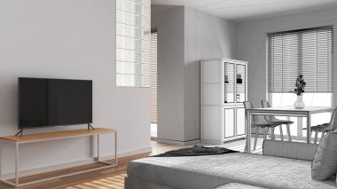 Mimar iç mimar konsepti: elle çizilmiş tamamlanmamış proje gerçek, ahşap İskandinav yemek odası ve oturma odası haline geliyor. Cam blok duvar. Asgari biçim